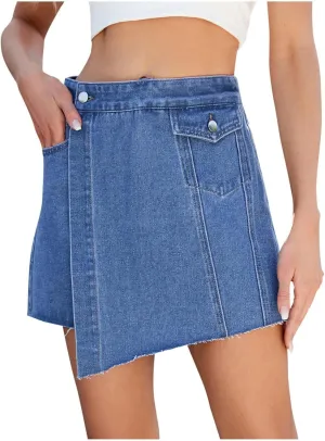 Women High Waisted Wrap Denim Shorts Casual Y2k Denim Leisure Solid Skort Cross Over Waist Asymmetrical Mini Shorts