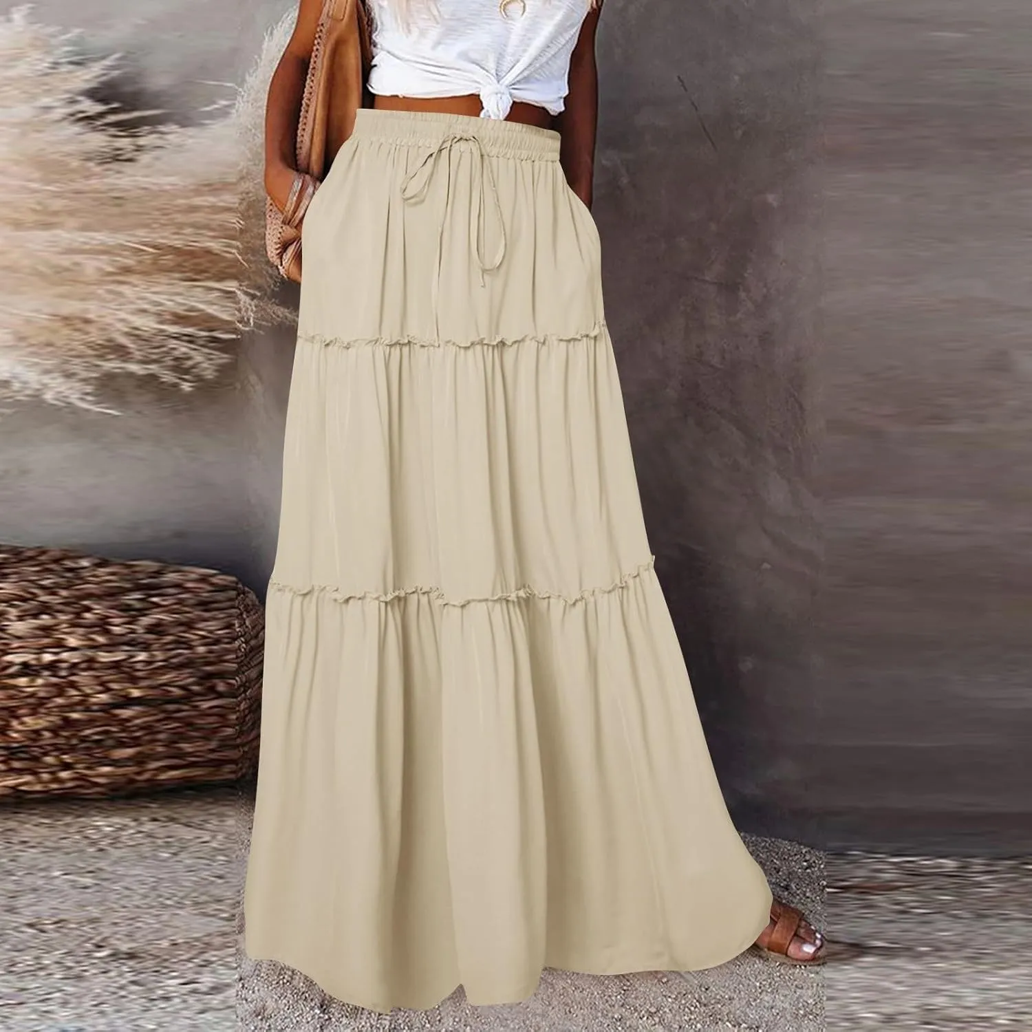 Women Maxi Skirt Casual High Waisted A Line Flowy Long Skirts Pleated Ruffle Tiered Boho Beach Skirts with Pockets