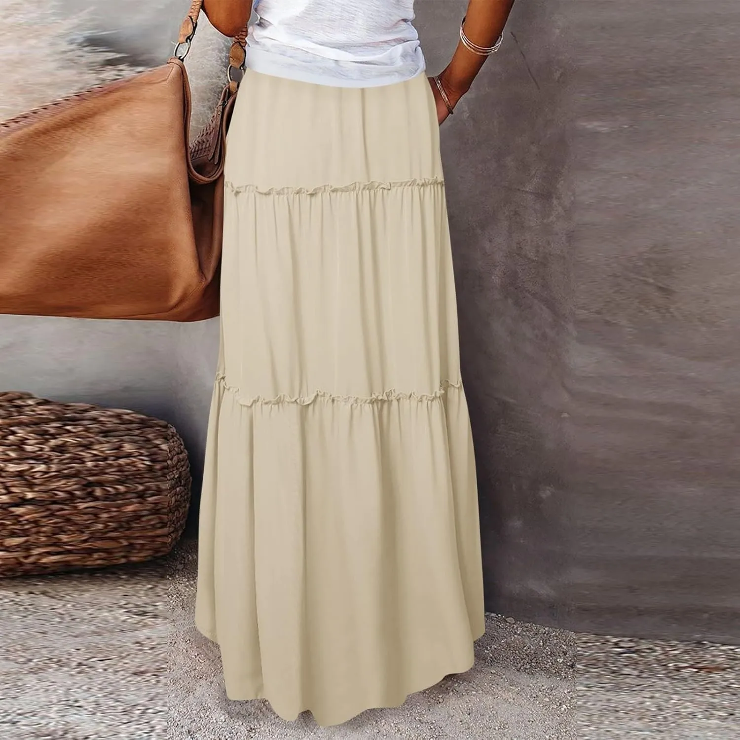 Women Maxi Skirt Casual High Waisted A Line Flowy Long Skirts Pleated Ruffle Tiered Boho Beach Skirts with Pockets