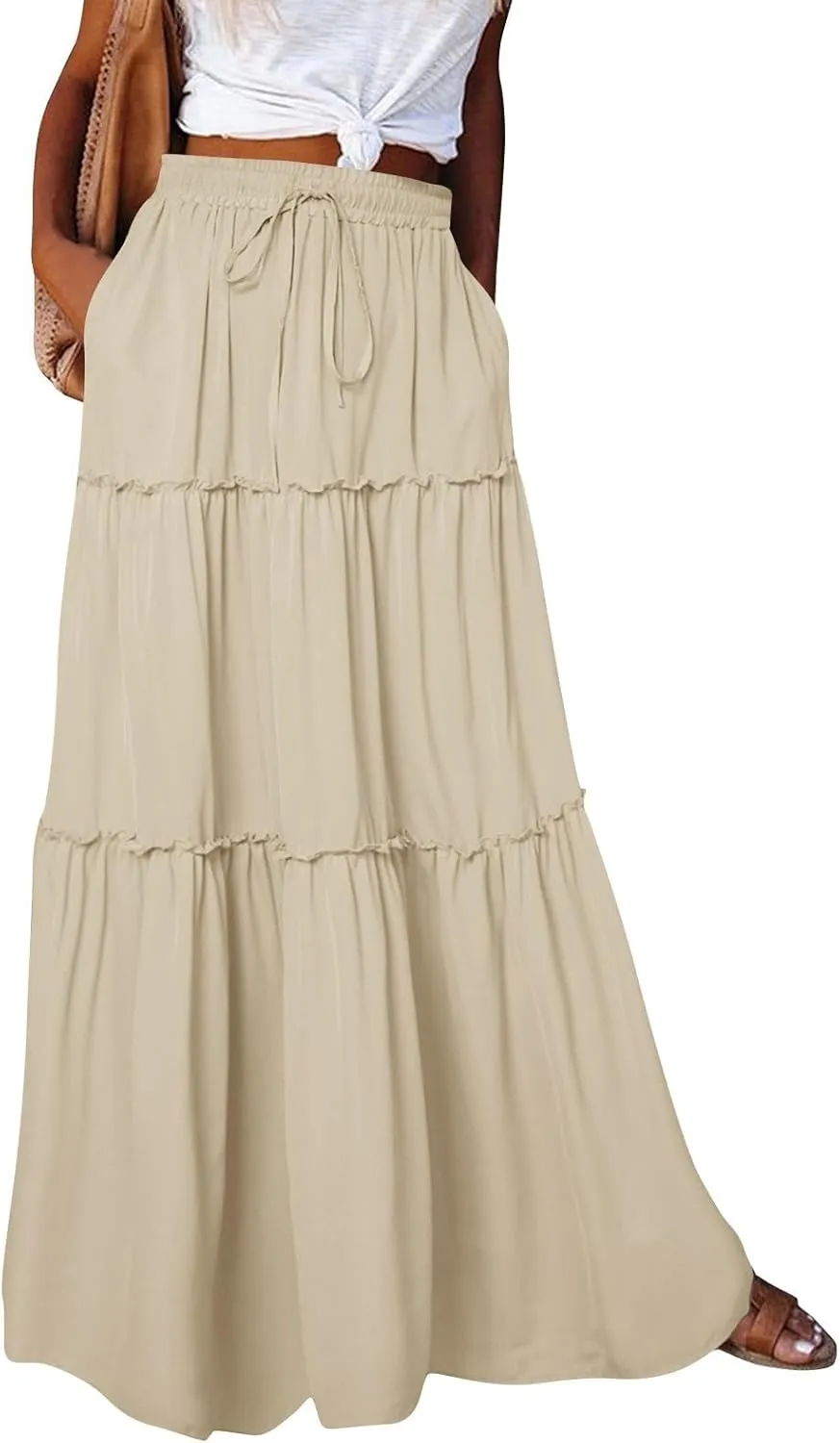 Women Maxi Skirt Casual High Waisted A Line Flowy Long Skirts Pleated Ruffle Tiered Boho Beach Skirts with Pockets