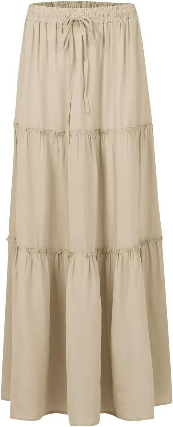Women Maxi Skirt Casual High Waisted A Line Flowy Long Skirts Pleated Ruffle Tiered Boho Beach Skirts with Pockets
