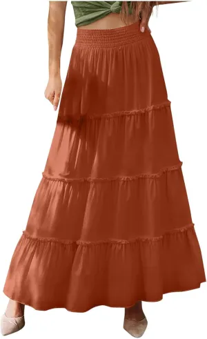 Women Maxi Skirts High Waisted Elastic Waist Pleated Tiered Solid Color Ankle Length Swing Casual A Line Skirt