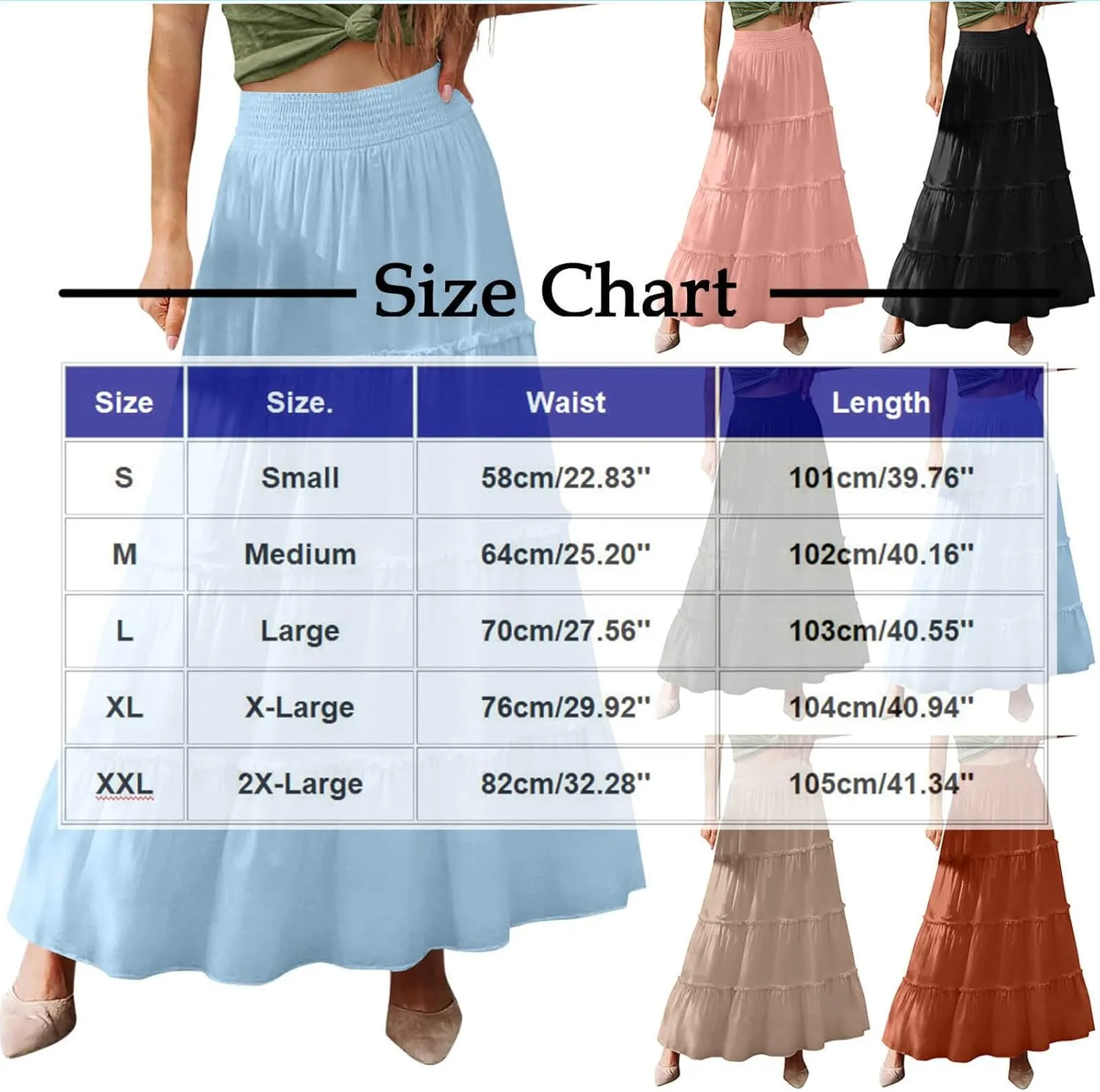 Women Maxi Skirts High Waisted Elastic Waist Pleated Tiered Solid Color Ankle Length Swing Casual A Line Skirt