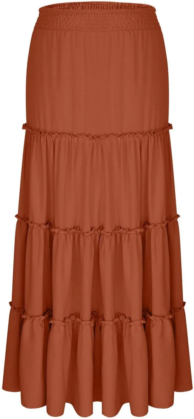 Women Maxi Skirts High Waisted Elastic Waist Pleated Tiered Solid Color Ankle Length Swing Casual A Line Skirt