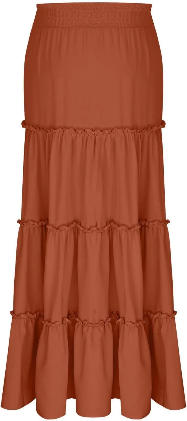 Women Maxi Skirts High Waisted Elastic Waist Pleated Tiered Solid Color Ankle Length Swing Casual A Line Skirt