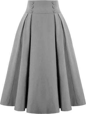 Women Midi Skirt Button High Waisted Elastic Casual Solid Color Pleated Knee Length Flowy A Line Skirts