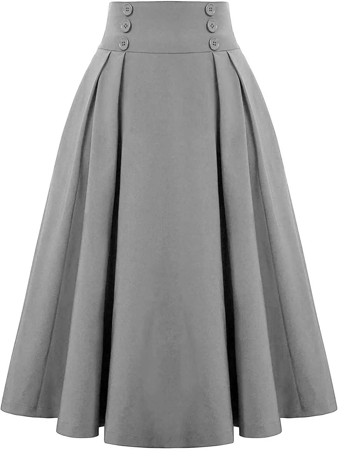 Women Midi Skirt Button High Waisted Elastic Casual Solid Color Pleated Knee Length Flowy A Line Skirts
