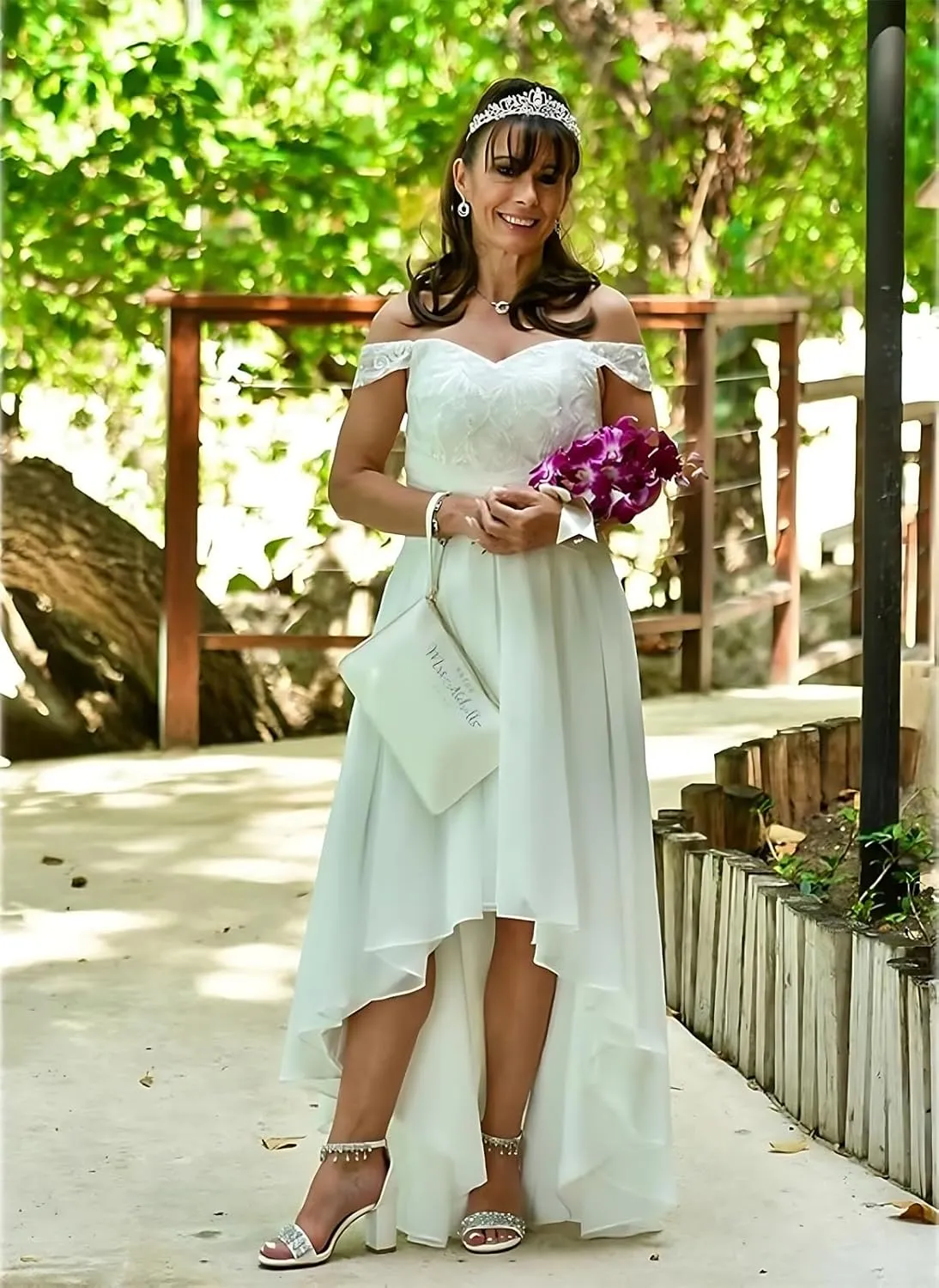 Women Off Shoulder Lace Applique Chiffon Bridesmaid Dress Elegant Sleeveless High Low Mother of The Bride Dress