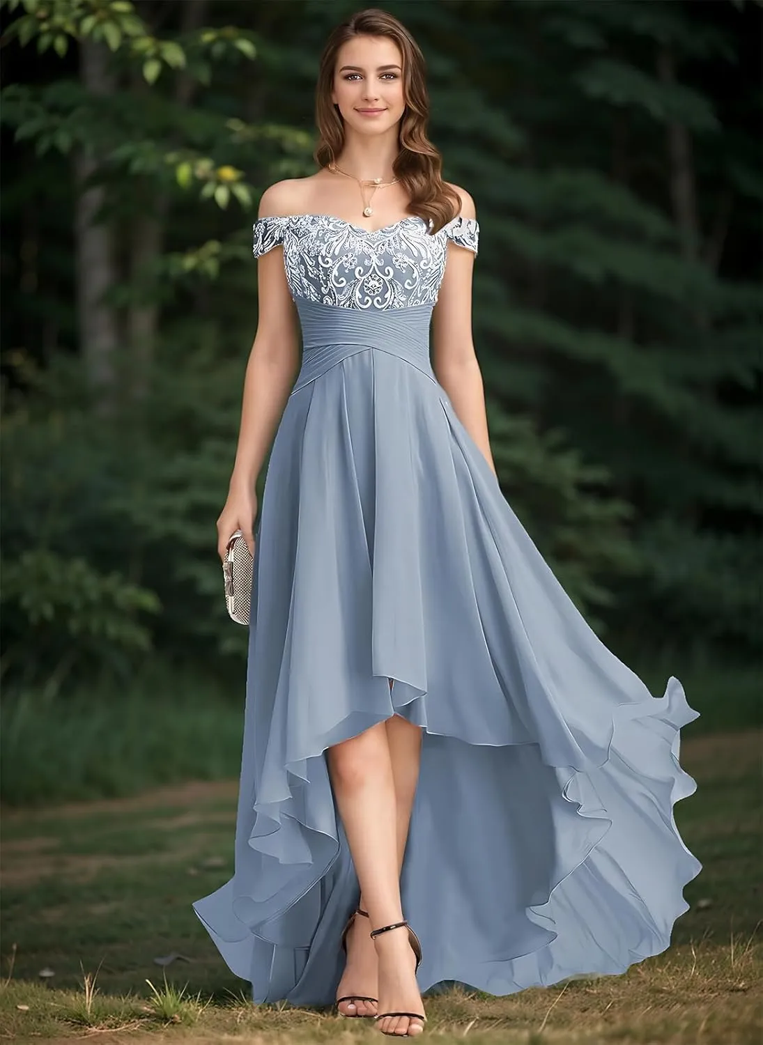 Women Off Shoulder Lace Applique Chiffon Bridesmaid Dress Elegant Sleeveless High Low Mother of The Bride Dress