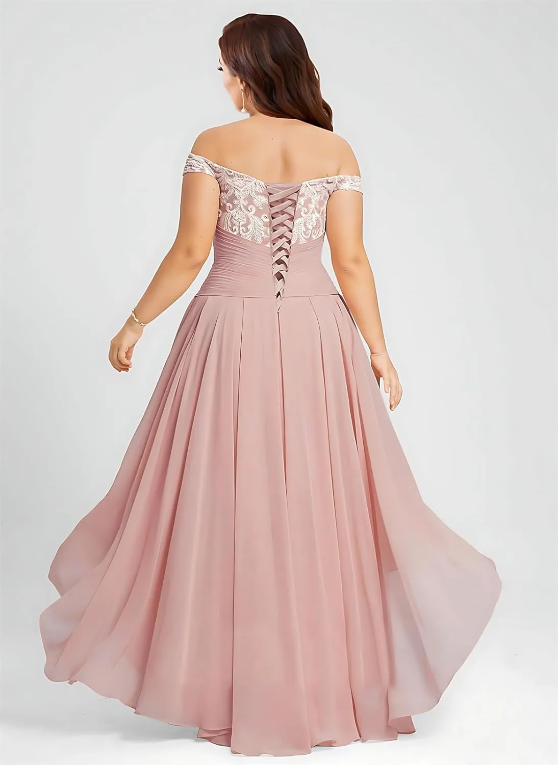 Women Off Shoulder Lace Applique Chiffon Bridesmaid Dress Elegant Sleeveless High Low Mother of The Bride Dress