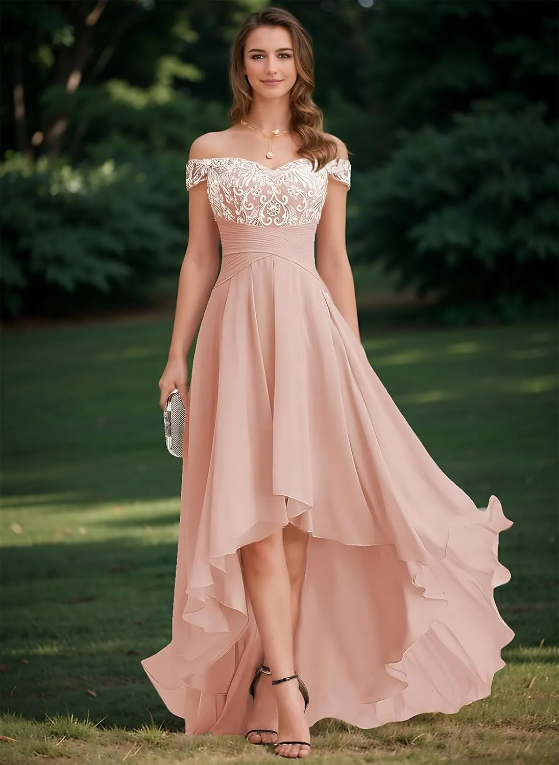 Women Off Shoulder Lace Applique Chiffon Bridesmaid Dress Elegant Sleeveless High Low Mother of The Bride Dress