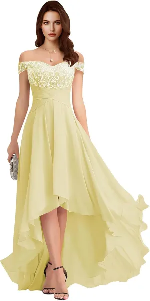 Women Off Shoulder Lace Applique Chiffon Bridesmaid Dress Elegant Sleeveless High Low Mother of The Bride Dress