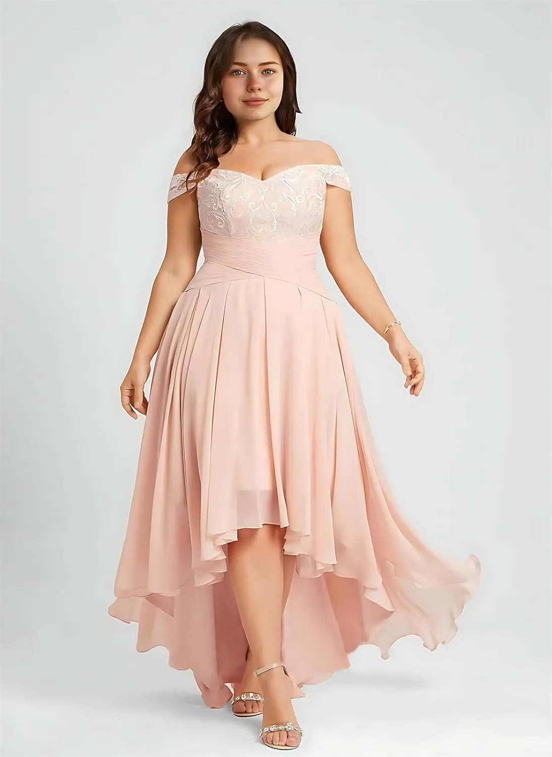 Women Off Shoulder Lace Applique Chiffon Bridesmaid Dress Elegant Sleeveless High Low Mother of The Bride Dress