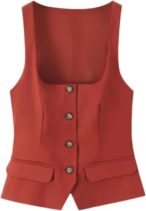 Women Sleeveless Solid Vests Square Neck Office Waistcoat Single-Breasted Outwear Tops
