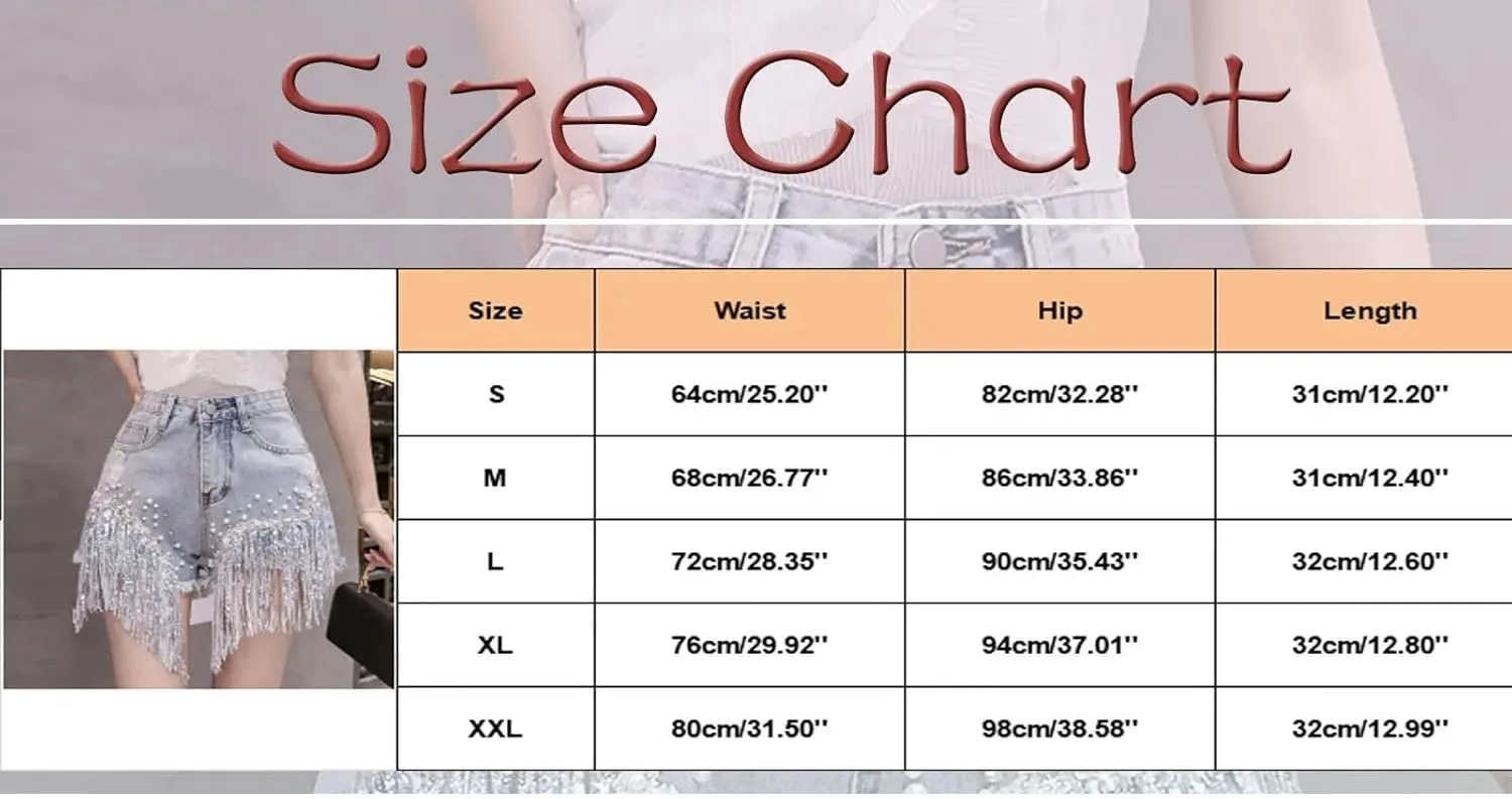 Women Summer Casual Beaded Tassel Diamond High Waist Jeans Shorts Fashion Studded Beading Sequin Jeans