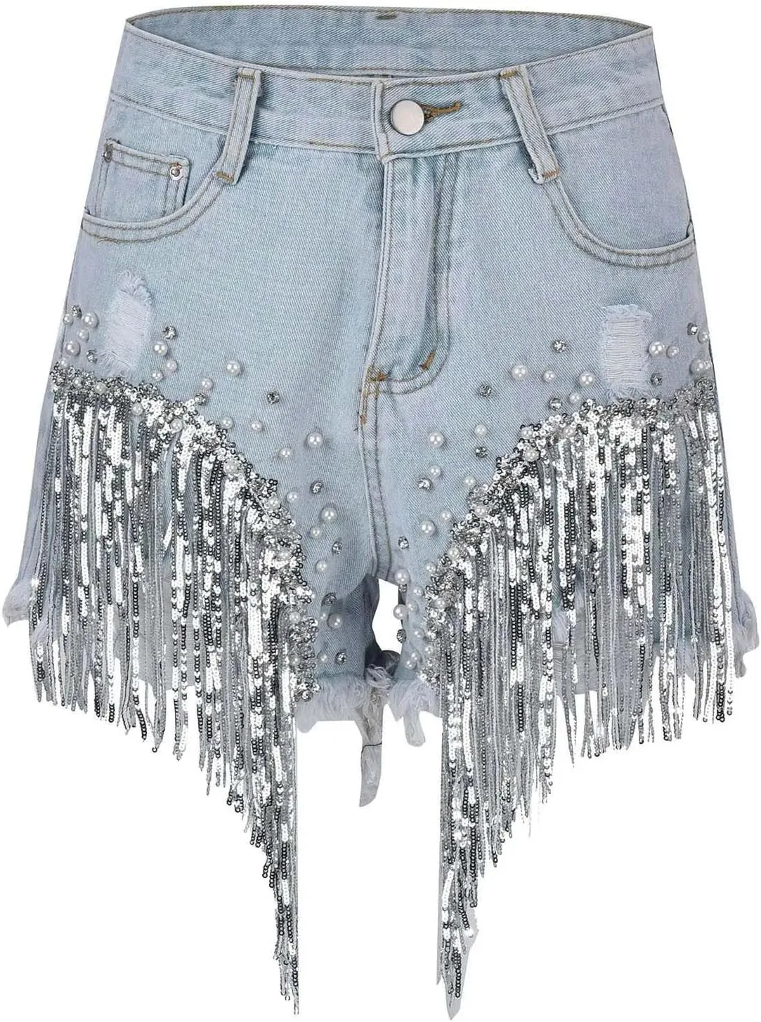 Women Summer Casual Beaded Tassel Diamond High Waist Jeans Shorts Fashion Studded Beading Sequin Jeans