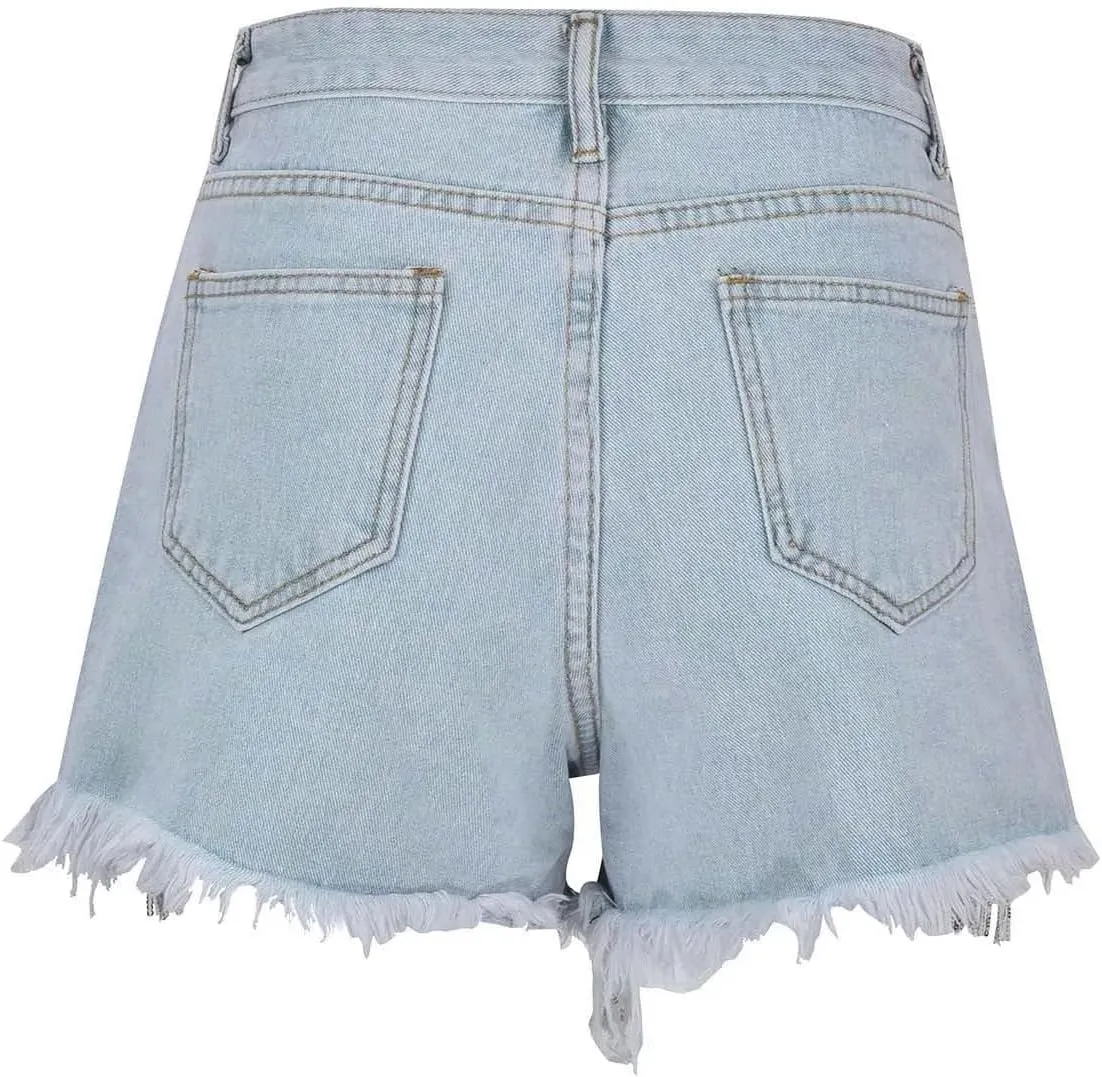 Women Summer Casual Beaded Tassel Diamond High Waist Jeans Shorts Fashion Studded Beading Sequin Jeans