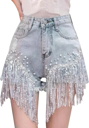 Women Summer Casual Beaded Tassel Diamond High Waist Jeans Shorts Fashion Studded Beading Sequin Jeans