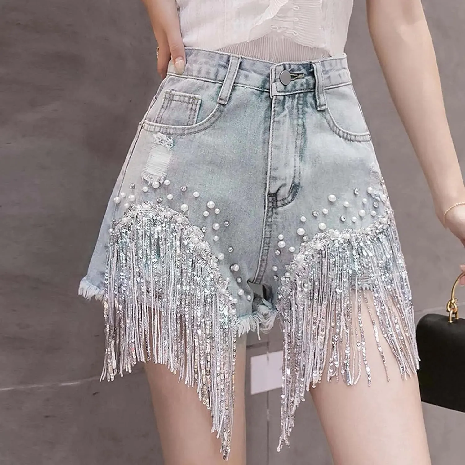 Women Summer Casual Beaded Tassel Diamond High Waist Jeans Shorts Fashion Studded Beading Sequin Jeans