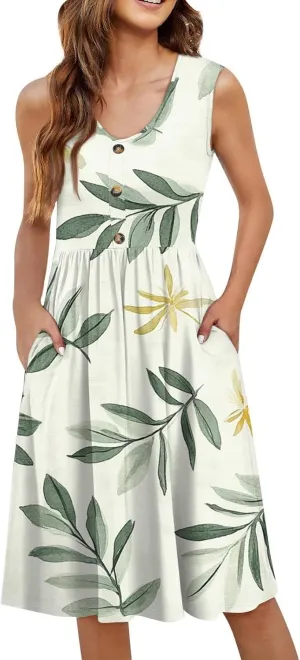 Women Summer Dresses Sleeveless Casual Loose Swing Button Down Midi Dress with Pockets Wedding Guest Dress