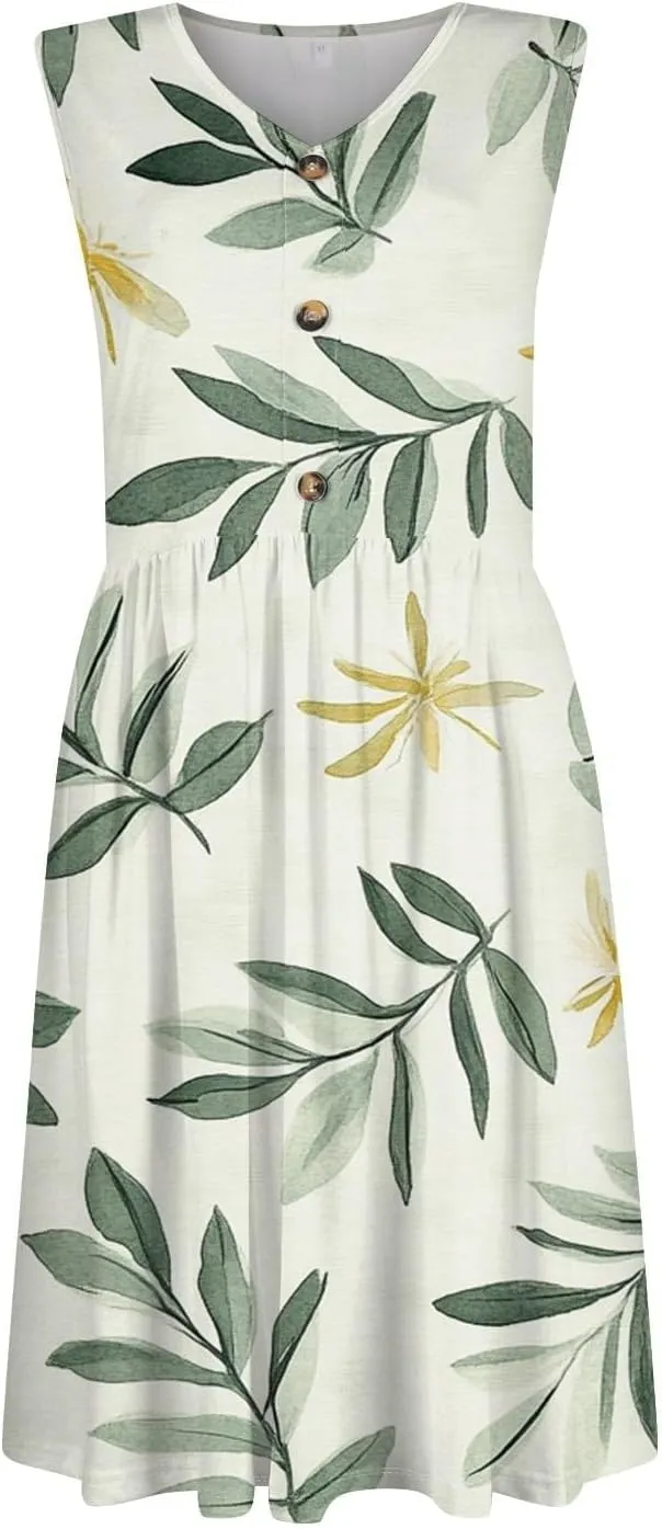 Women Summer Dresses Sleeveless Casual Loose Swing Button Down Midi Dress with Pockets Wedding Guest Dress