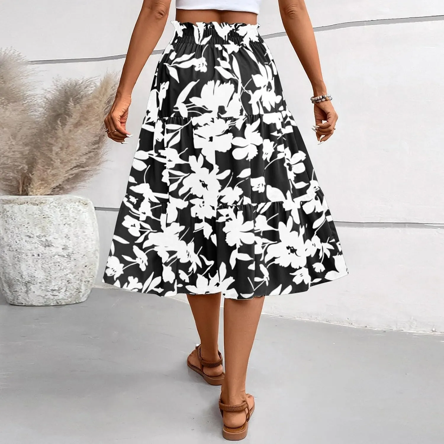 Women's 2025 Spring High Waist Floral Pleated A Line Boho Beach Casual Swing Long Skirts, S-XL