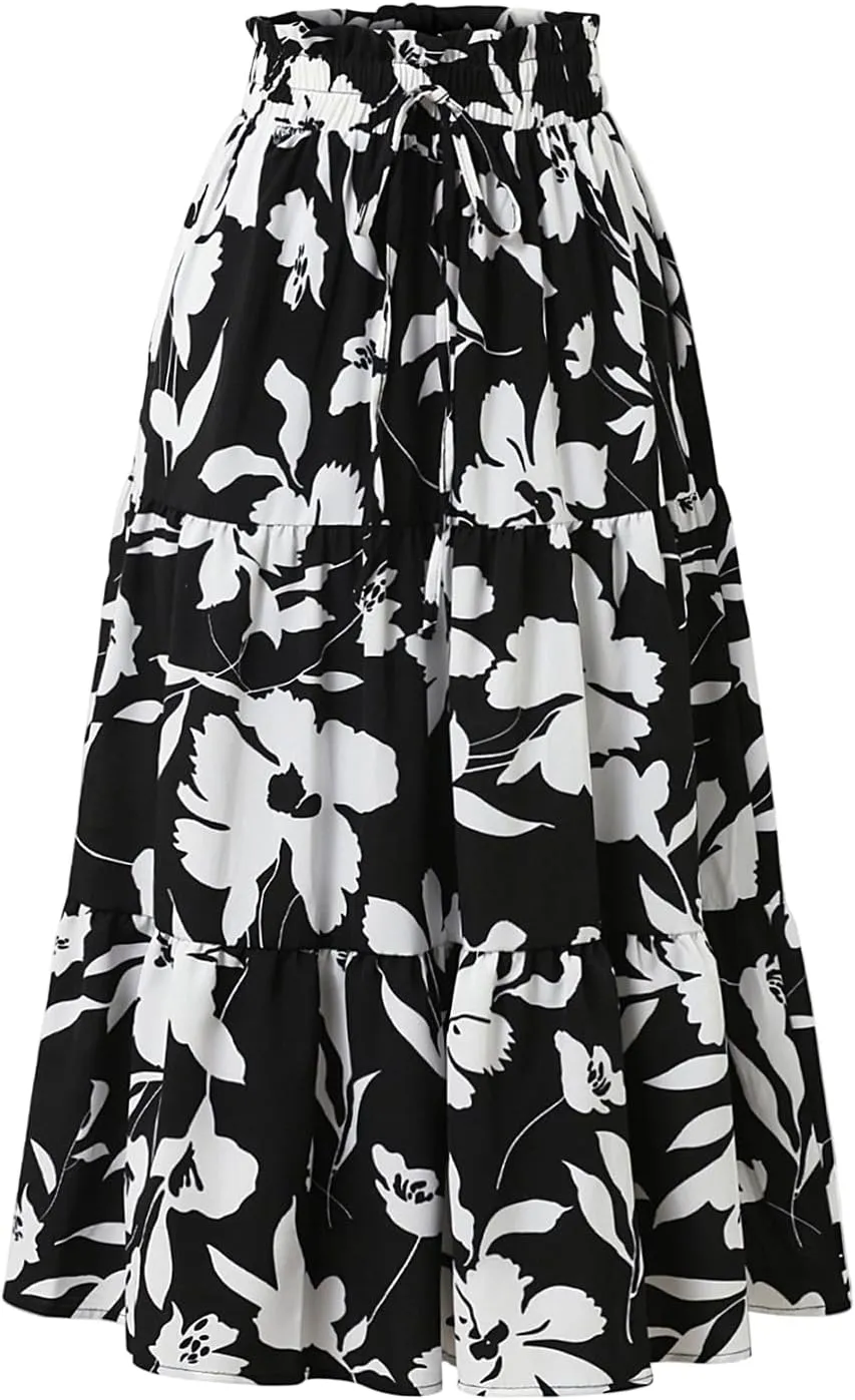 Women's 2025 Spring High Waist Floral Pleated A Line Boho Beach Casual Swing Long Skirts, S-XL