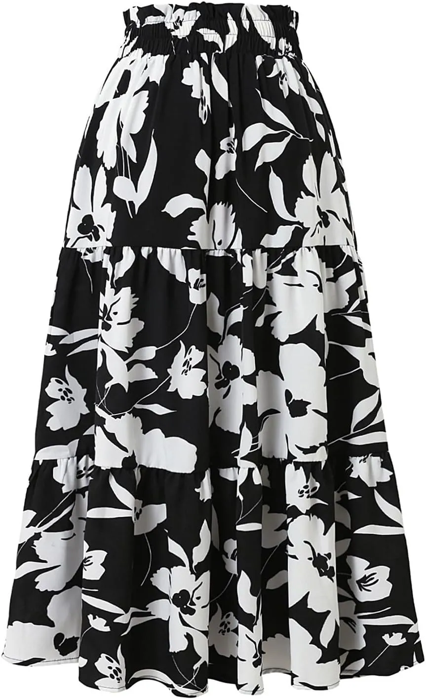 Women's 2025 Spring High Waist Floral Pleated A Line Boho Beach Casual Swing Long Skirts, S-XL