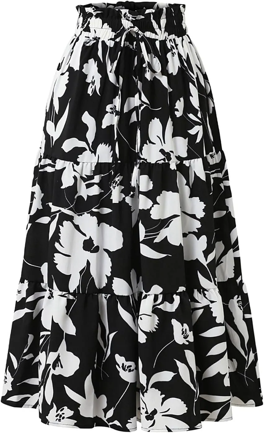 Women's 2025 Spring High Waist Floral Pleated A Line Boho Beach Casual Swing Long Skirts, S-XL