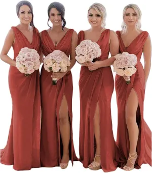 Women's A Line V Neck Bridesmaid Dresses for Wedding 2024 Wrap Chiffon Long Formal Dresses with Slit ZAR2376