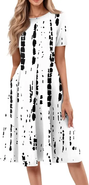 Women's Bohemian Short Sleeve Casual A Line Swing Flowy Midi Dress with Vintage Floral Print for Summer and Spring