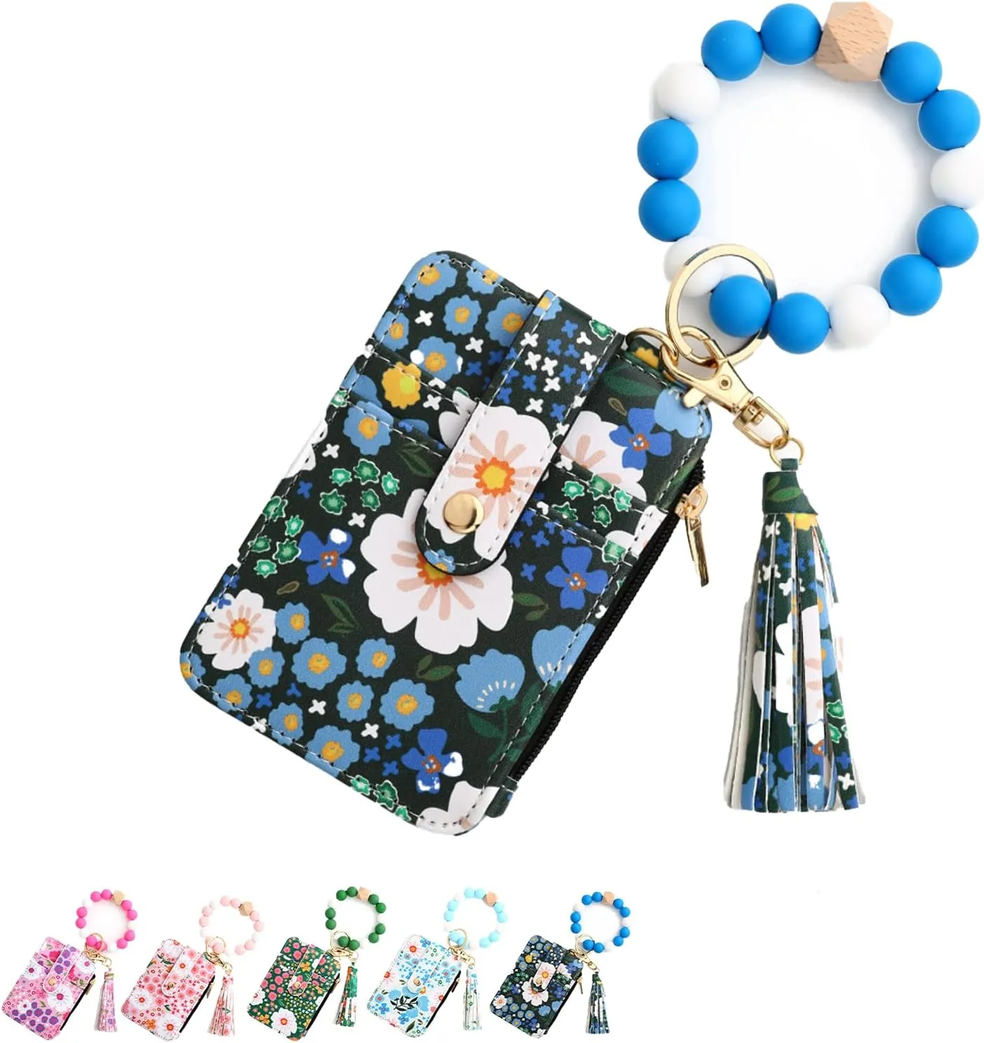 Women's Boho Beaded Wallet with Flower Pattern, Women Boho Style Beaded & Tassel Decorated Keychain, Wristlet Keychain Wallet (Blue)
