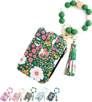 Women's Boho Beaded Wallet with Flower Pattern, Women Boho Style Beaded & Tassel Decorated Keychain, Wristlet Keychain Wallet (Green)