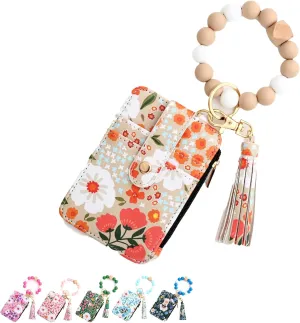Women's Boho Beaded Wallet with Flower Pattern, Women Boho Style Beaded & Tassel Decorated Keychain, Wristlet Keychain Wallet (Khaki)