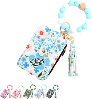 Women's Boho Beaded Wallet with Flower Pattern, Women Boho Style Beaded & Tassel Decorated Keychain, Wristlet Keychain Wallet (Light Blue)