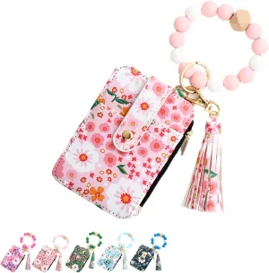 Women's Boho Beaded Wallet with Flower Pattern, Women Boho Style Beaded & Tassel Decorated Keychain, Wristlet Keychain Wallet (Light Pink)