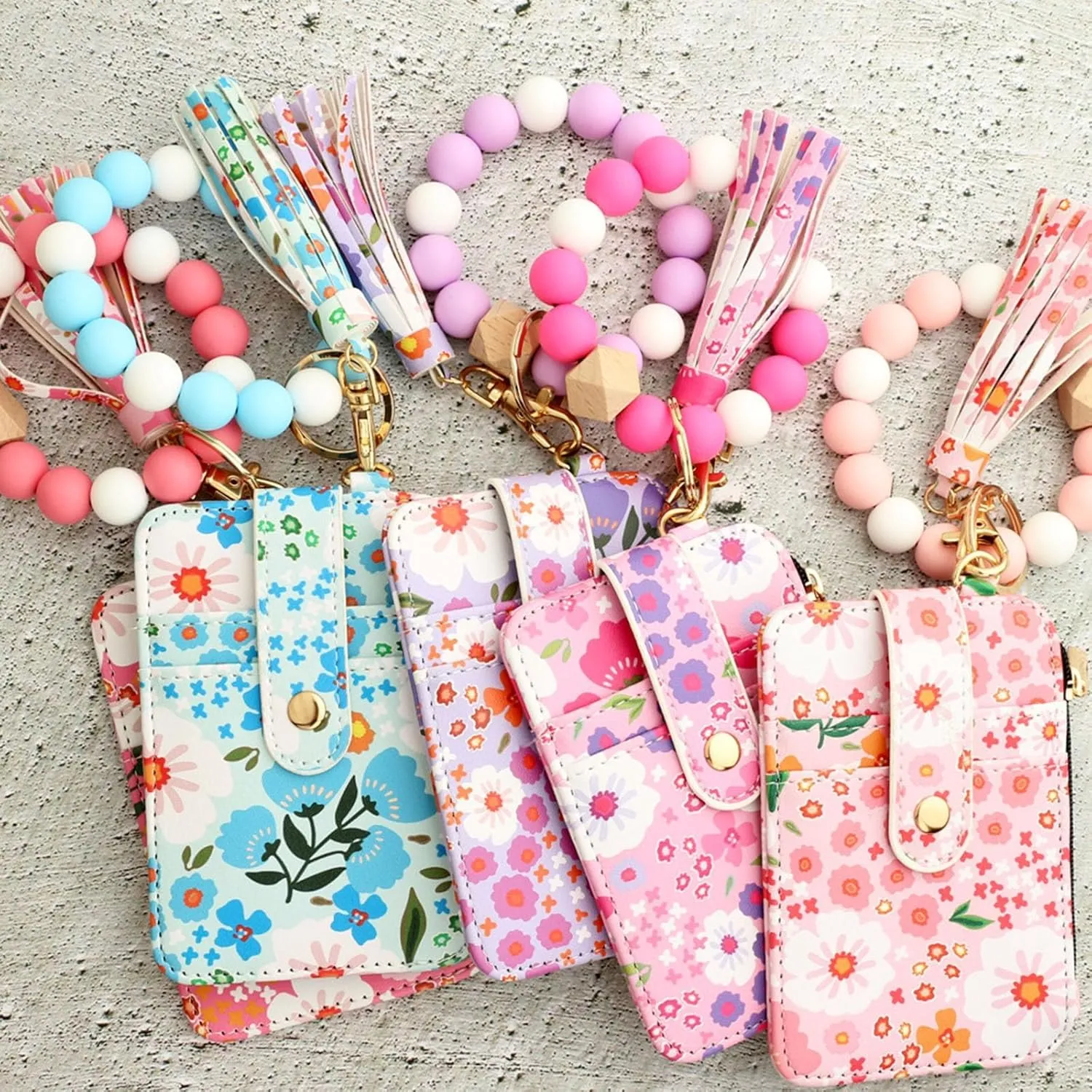 Women's Boho Beaded Wallet with Flower Pattern, Women Boho Style Beaded & Tassel Decorated Keychain, Wristlet Keychain Wallet (Pink)