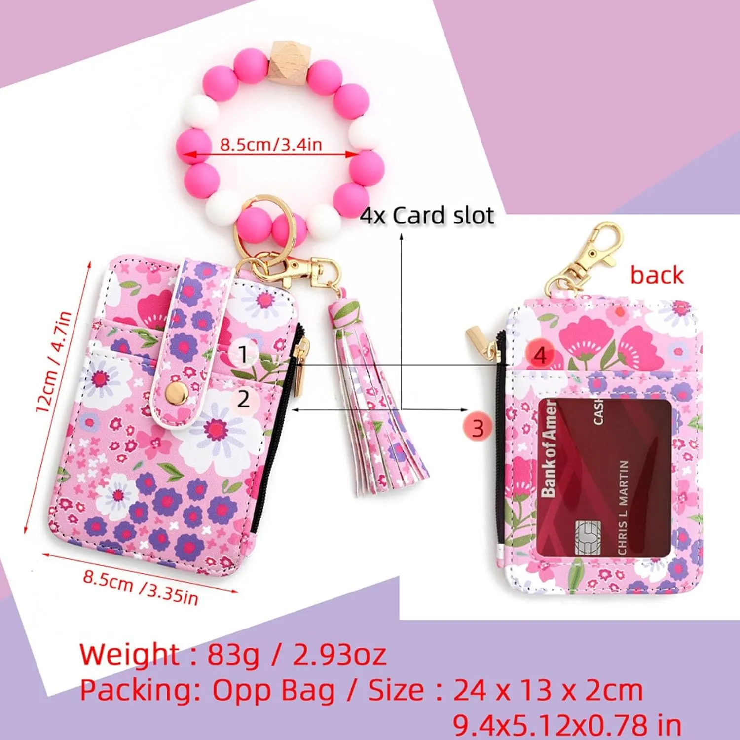 Women's Boho Beaded Wallet with Flower Pattern, Women Boho Style Beaded & Tassel Decorated Keychain, Wristlet Keychain Wallet (Pink)