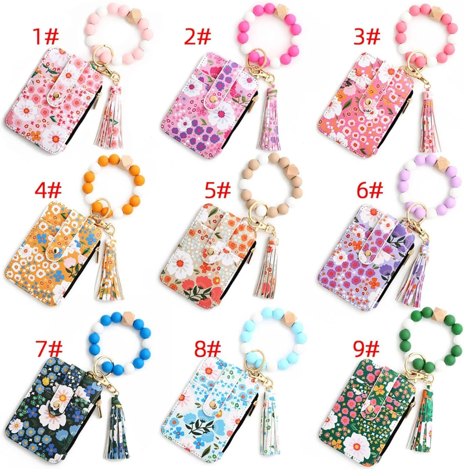 Women's Boho Beaded Wallet with Flower Pattern, Women Boho Style Beaded & Tassel Decorated Keychain, Wristlet Keychain Wallet (Pink)
