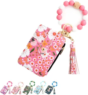 Women's Boho Beaded Wallet with Flower Pattern, Women Boho Style Beaded & Tassel Decorated Keychain, Wristlet Keychain Wallet (Pink)