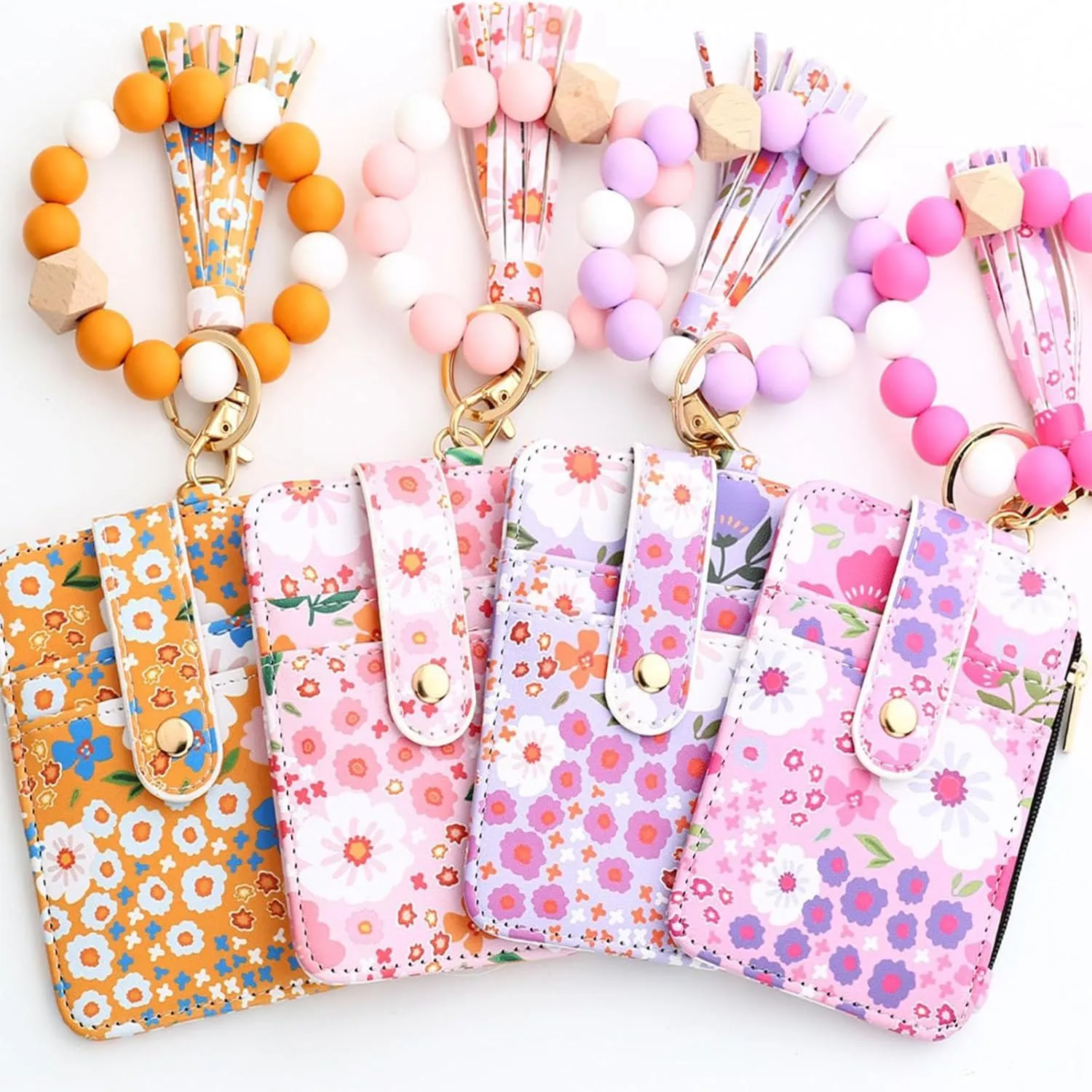 Women's Boho Style Beaded & Tassel Decorated Keychain with Flower Pattern Wallet, Boho Wristlet Keychain Wallet