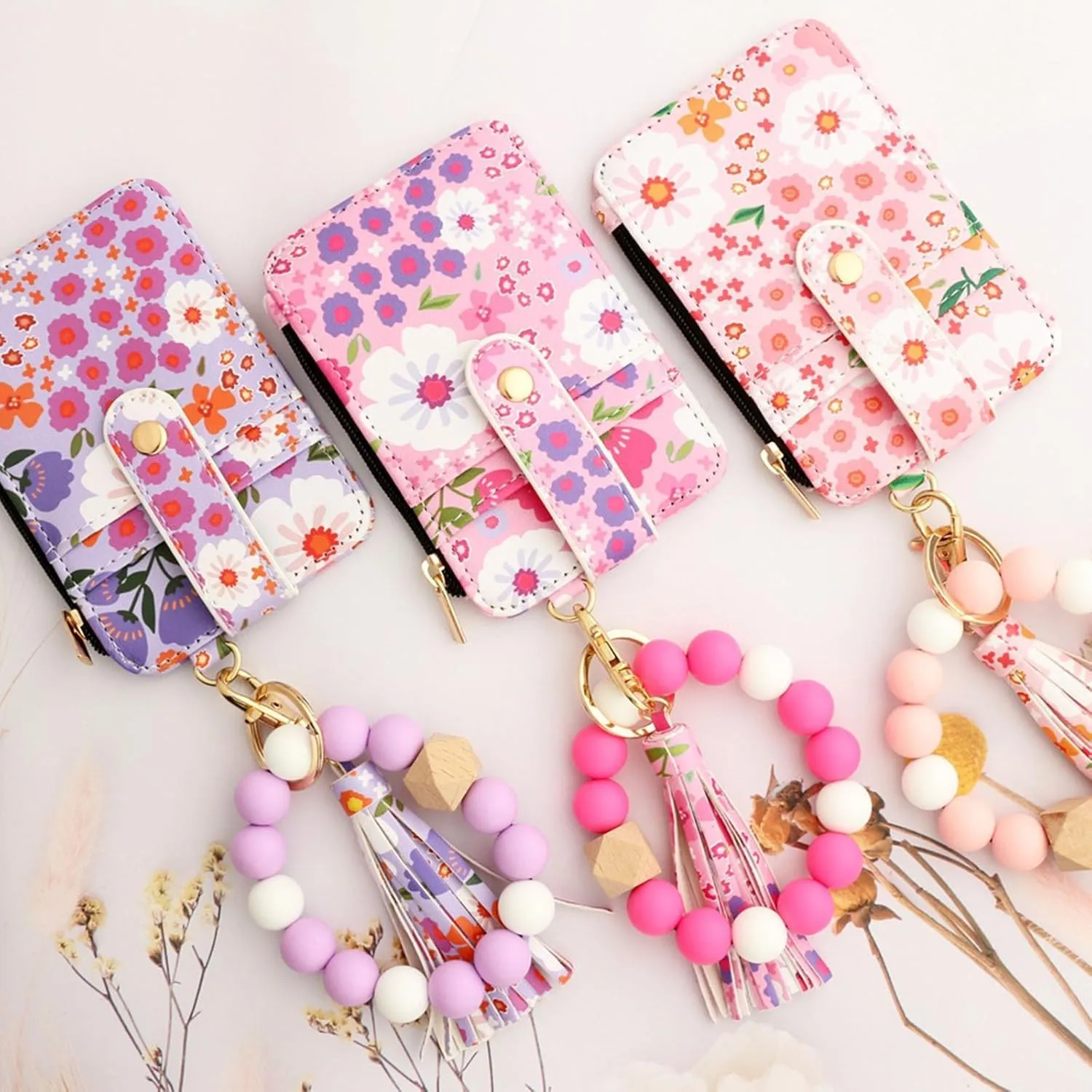 Women's Boho Style Beaded & Tassel Decorated Keychain with Flower Pattern Wallet, Boho Wristlet Keychain Wallet
