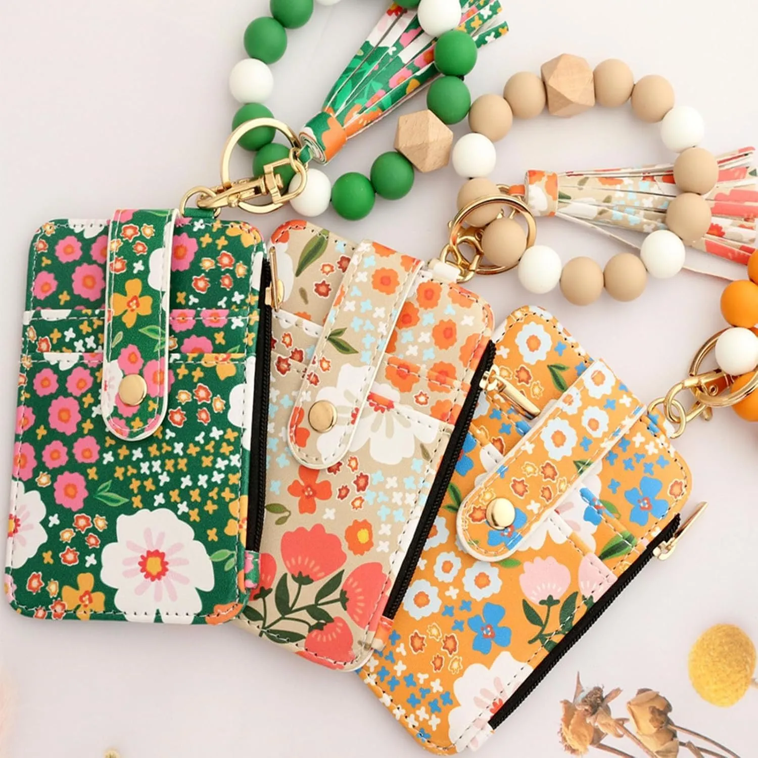 Women's Boho Style Beaded & Tassel Decorated Keychain with Flower Pattern Wallet, Boho Wristlet Keychain Wallet