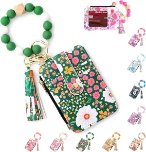 Women's Boho Style Beaded & Tassel Decorated Keychain with Flower Pattern Wallet, Boho Wristlet Keychain Wallet
