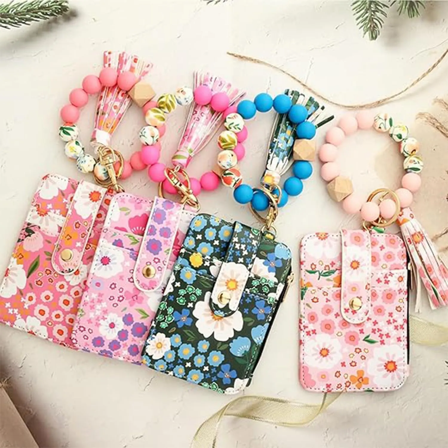 Women's Boho Style Beaded & Tassel Decorated Keychain with Flower Pattern Wallet, Boho Wristlet Keychain Wallet