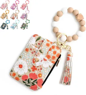 Women's Boho Style Beaded & Tassel Decorated Keychain with Flower Pattern Wallet, Small Credit Card Holder for Women