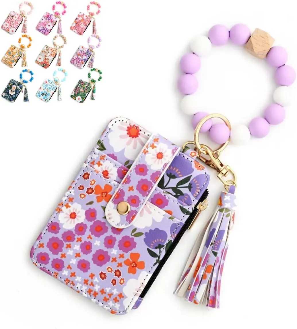Women's Boho Style Beaded & Tassel Decorated Keychain with Flower Pattern Wallet, Small Credit Card Holder for Women