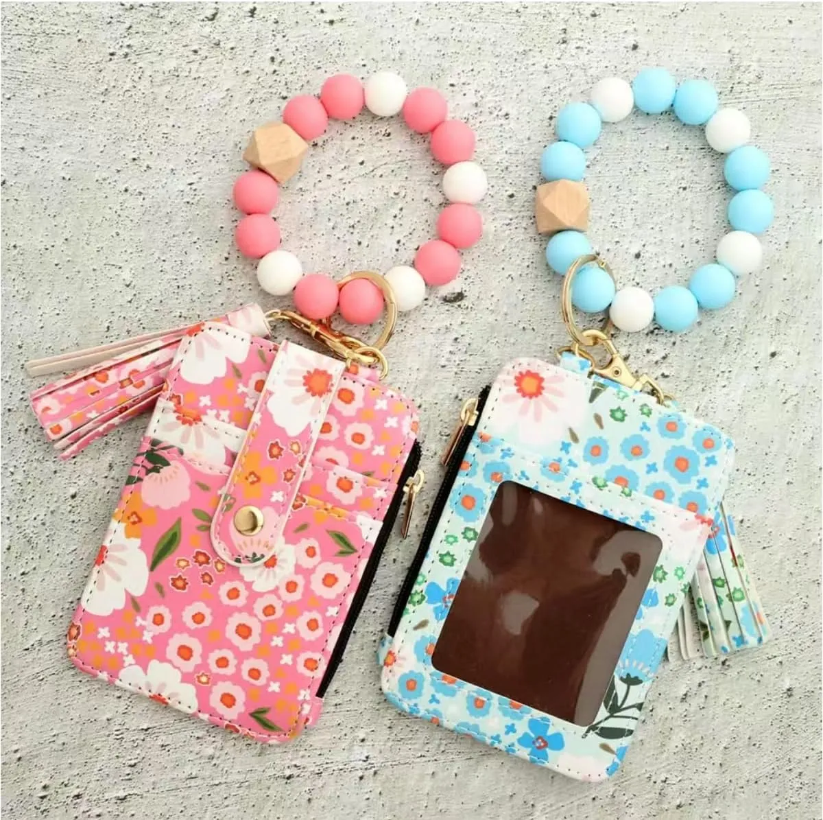 Women's Boho Style Beaded & Tassel Decorated Keychain with Flower Pattern Wallet, Small Credit Card Holder for Women