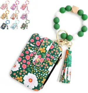 Women's Boho Style Beaded & Tassel Decorated Keychain with Flower Pattern Wallet, Small Credit Card Holder for Women