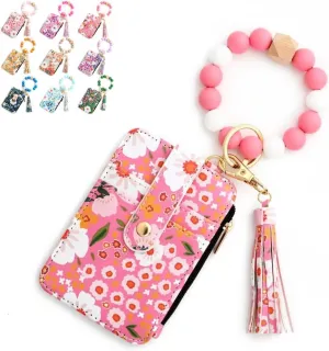 Women's Boho Style Beaded & Tassel Decorated Keychain with Flower Pattern Wallet, Small Credit Card Holder for Women